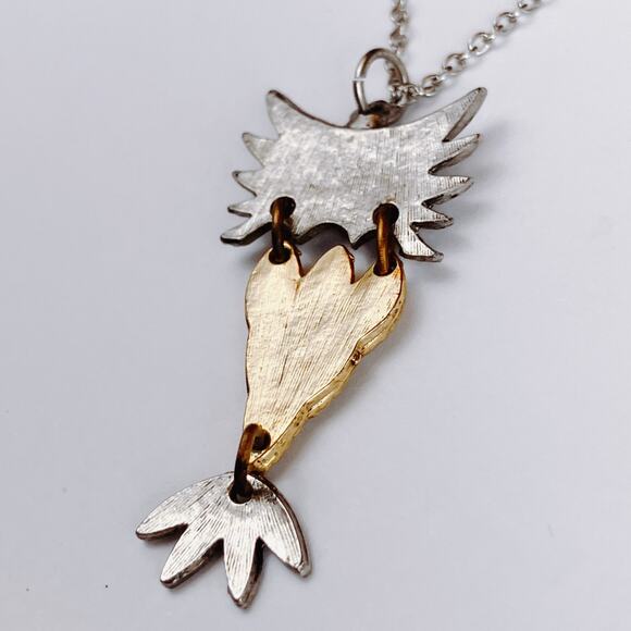 VTG Mid Century Owl Pendant Necklace Red Cabochon Eyes Mixed Metal 1970s - Picture 7 of 8